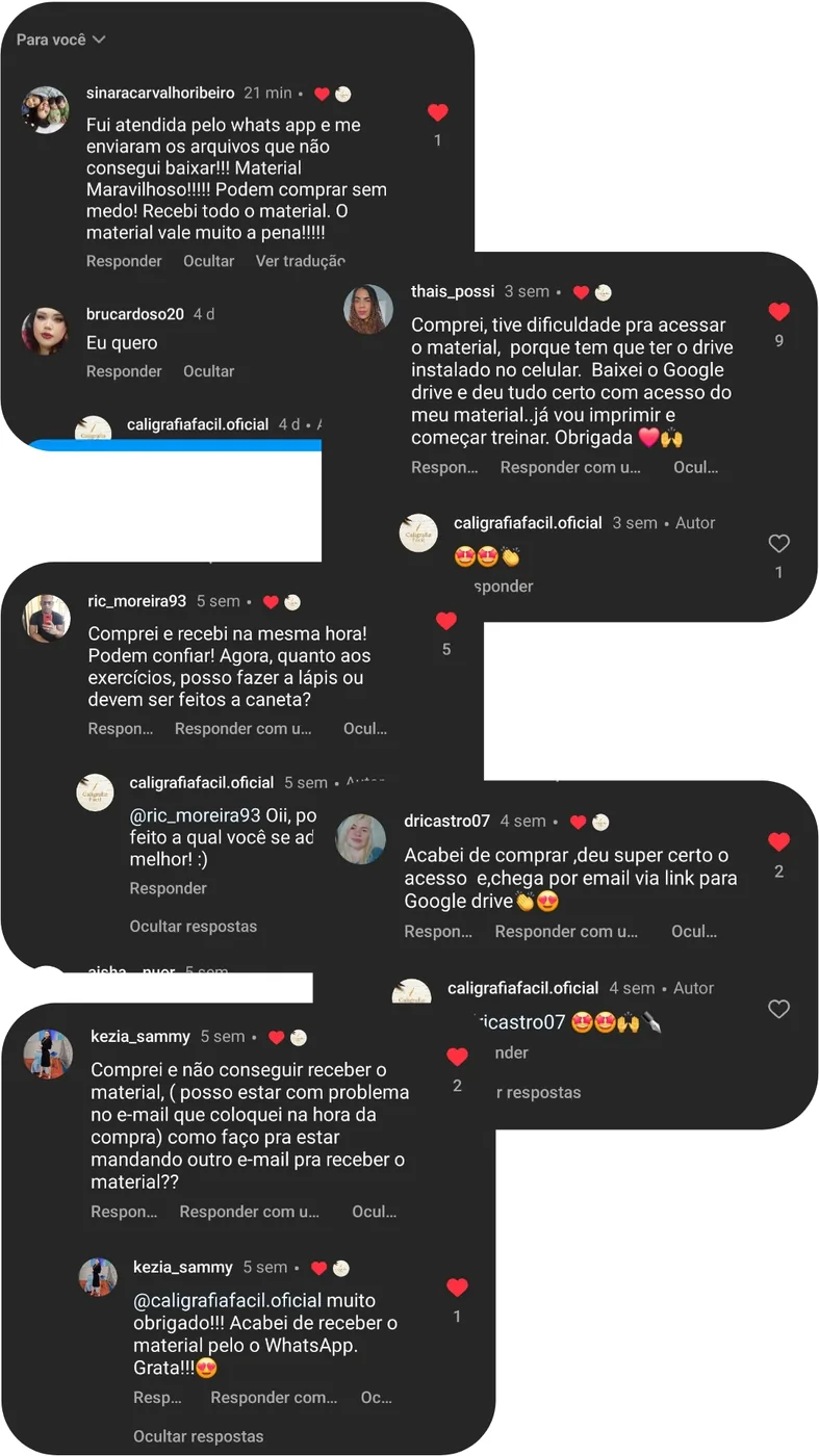 Comentários positivos de alunos
